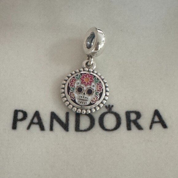 Pandora Mexico Day of the Dead Flowers Purple Background Charm Pendant - Picture 1 of 4